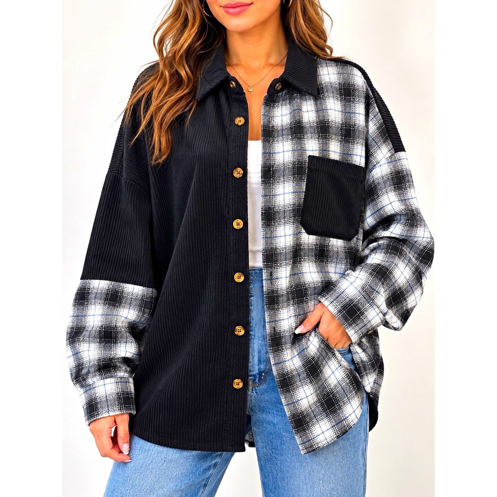 LI&QI Black & White Plaid Corduroy Collared Button-Up Long Sleeve Pockets L